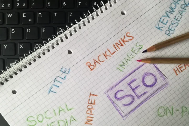 Notebook with SEO and backlinks concept words