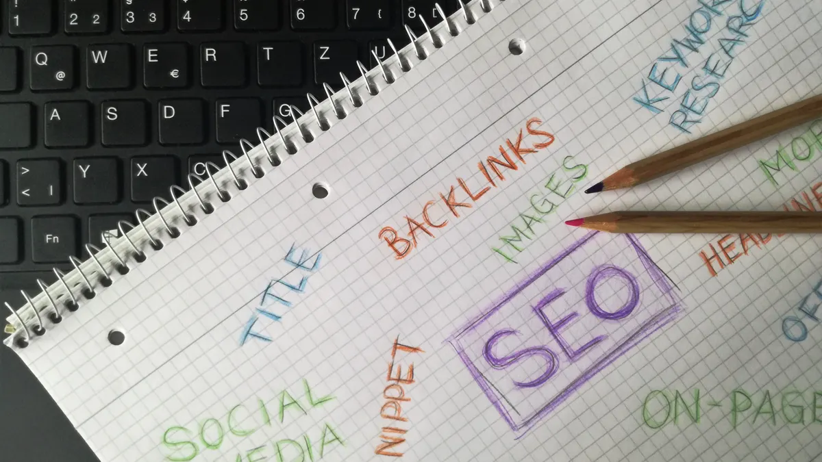 Notebook with SEO and backlinks concept words