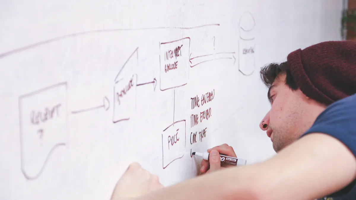 Person drawing connected boxes and arrows on a whiteboard
