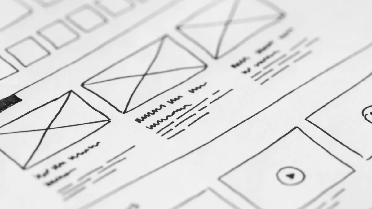 Hand-drawn website wireframe with page blocks