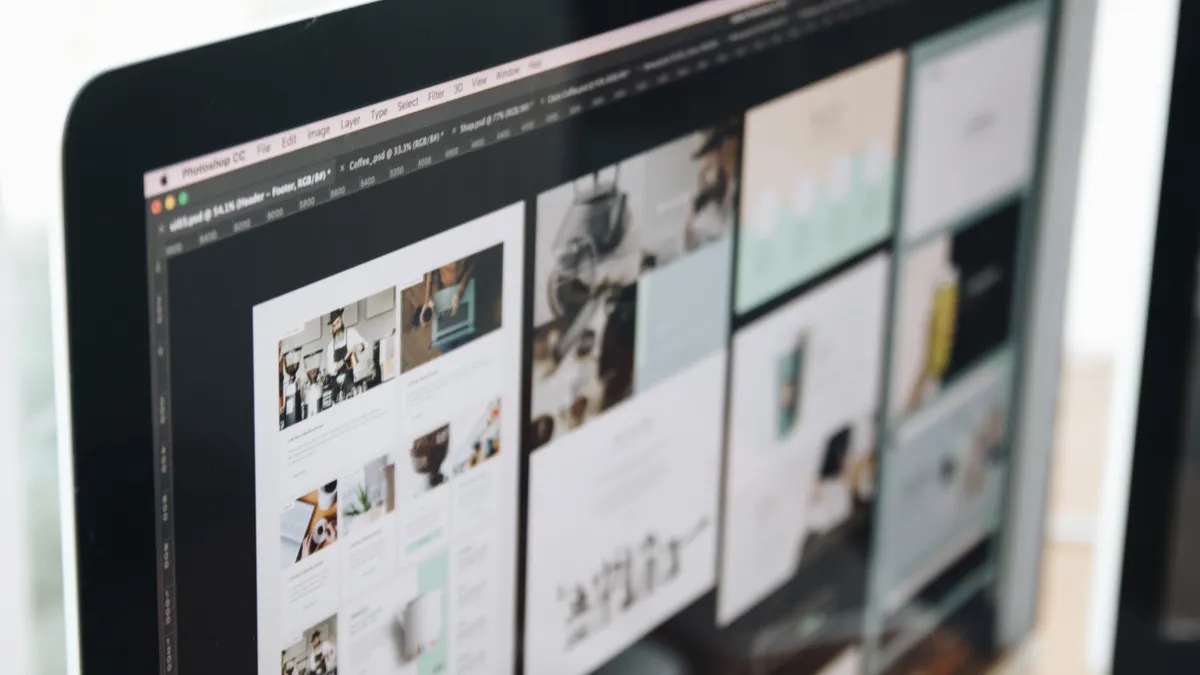 Computer monitor showing webpage layout thumbnails