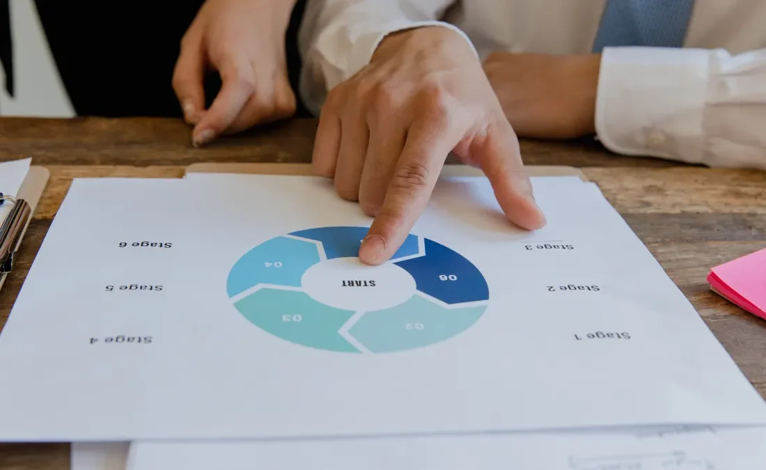 hands pointing at a circular planning diagram on paper
