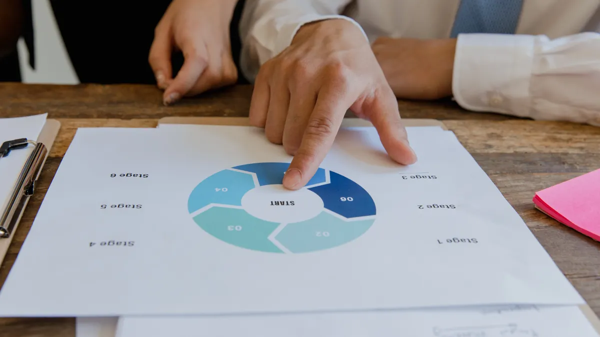 hands pointing at a circular planning diagram on paper