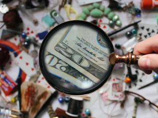 Magnifying glass over cash and scattered items