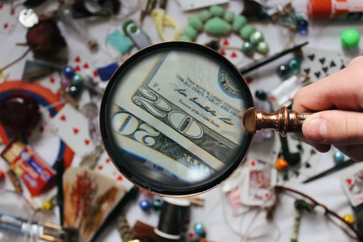 Magnifying glass over cash and scattered items